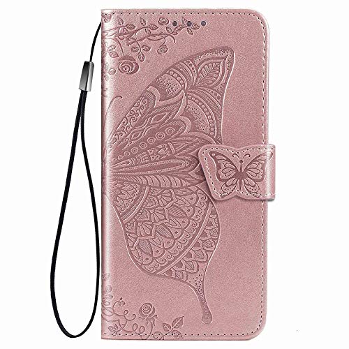 GOGME Hülle für Xiaomi Redmi Note 14 Pro+ Plus 5G Flip Case, 3D Schmetterling Geprägte Prägung Handyhülle, Leder Schutzhülle mit Kartenfach Standfunktion.Rosé Gold von GOGME