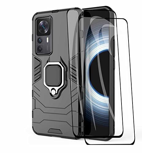 Barbarian Hülle für Xiaomi Mi 12T / 12T Pro 5G mit 360 Grad Ring Halter + 2 Panzerglas Schutzfolie, Armor Handyhülle Stoßfest [PC + TPU] Hybrid Bumper Schutzhülle. Schwarz von GOKEN