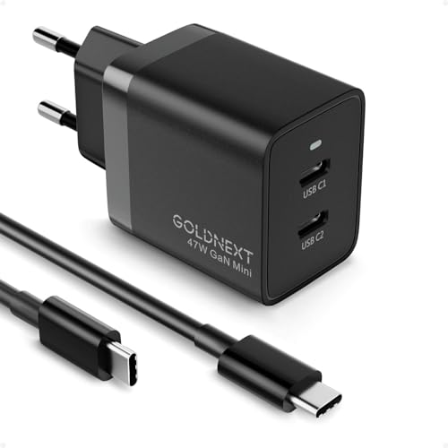 USB C Ladegerät 47W GOLDNEXT Dual USB C Netzteil PD 45W Schnellladegerät PPS 33W GaN Super Fast Charger mit USB C Kabel für MacBook Air, iPhone 15 Pro Max/14, Samsung Galaxy S24 Ultra/S23, iPad, Pixel von GOLDNEXT