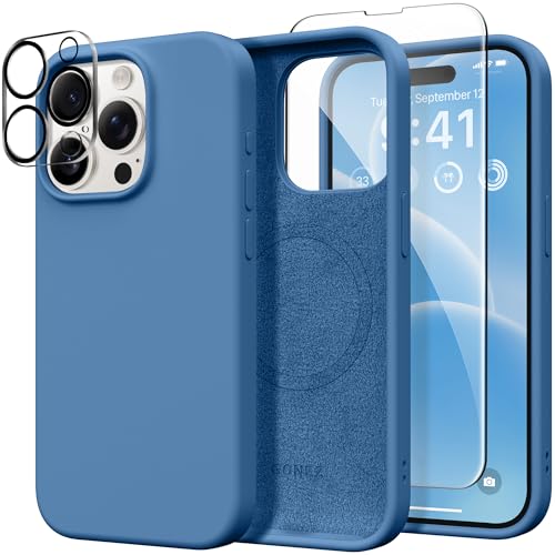 GONEZ für iPhone 15 Pro Hülle, kompatibel mit Magsafe, 2X Bildschirmfolie+2X Kameralinsenschutz, weiche Silikon-Stoßschutz und kratzfestes Ganzkörperschutz für das Telefonhülle 6.1", Seeblau von GONEZ