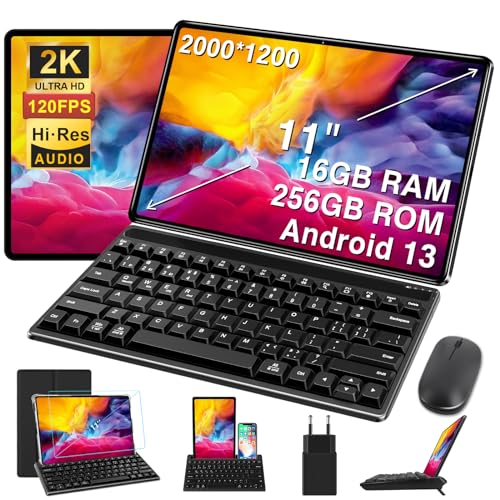 GOODTEL Android 13 Octa Core 11 Zoll mit 16 GB RAM + 256 GB ROM (1TB TF) |13MP + 5MP, Touch-Tablet mit Hülle, Tastatur und Maus - Schwarz von GOODTEL