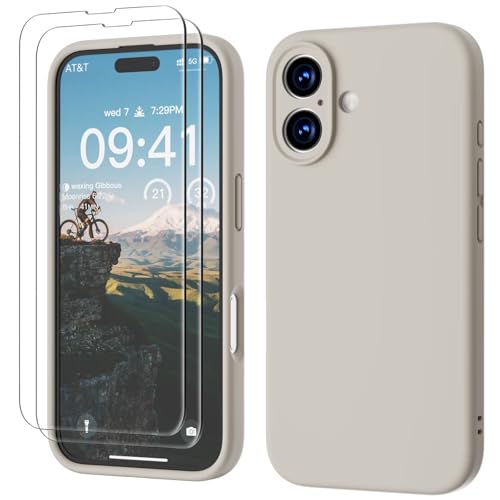 GOODVISH 3 in 1 für iPhone 16 Hülle, mit 2 Stück Schutzfolie Liquid Silikon Hülle [Upgraded Kameraschutz] Soft Mikrofaserfutter Handyhülle Kratzfest stoßfeste Schutz Case für iPhone 16 6.1", StoneGrey von GOODVISH