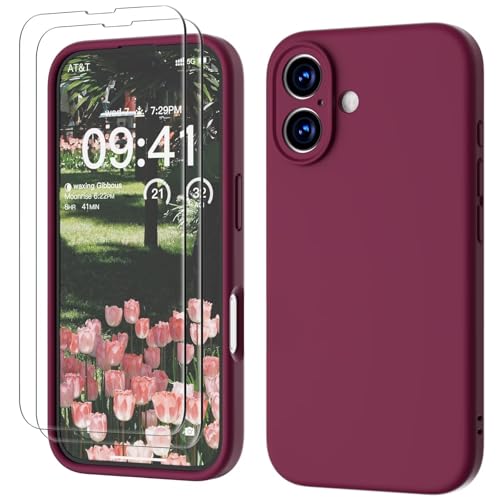 GOODVISH 3 in 1 für iPhone 16 Hülle, mit 2 Stück Schutzfolie Liquid Silikon Hülle [Upgraded Kameraschutz] Soft Mikrofaserfutter Handyhülle Kratzfest stoßfeste Schutz Case für iPhone 16 6.1", Weinrot von GOODVISH