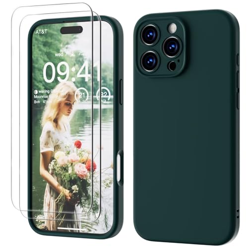 GOODVISH 3 in 1 für iPhone 16 Pro Hülle mit 2 Stück Schutzfolie, Liquid Silikon Hülle [Upgraded Kameraschutz] Soft Mikrofaserfutter Kratzfest stoßfeste Schutz Case für iPhone 16 Pro 6.3", DunkelGrün von GOODVISH