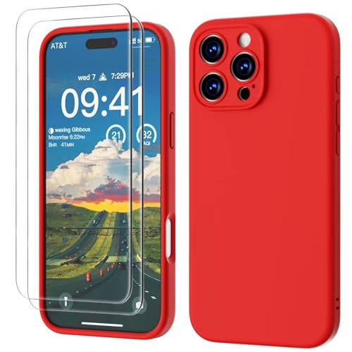 GOODVISH 3 in 1 für iPhone 16 Pro Hülle mit 2 Stück Schutzfolie, Liquid Silikon Handyhülle [Upgraded Kameraschutz] Soft Mikrofaserfutter Kratzfest stoßfeste Schutz Case für iPhone 16 Pro 6.3", Rot von GOODVISH