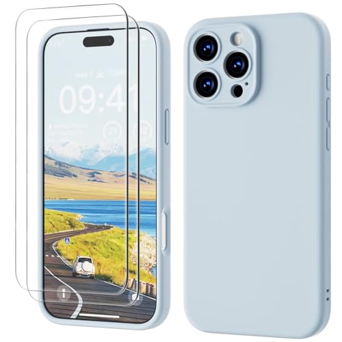 GOODVISH 3 in 1 für iPhone 16 Pro Max Hülle Liquid Silikon,mit 2X Schutzfolie [Upgraded Kameraschutz] Soft Mikrofaserfutter Handyhülle iPhone 16 Pro Max Kratzfest stoßfeste Schutz Case, Himmelblau von GOODVISH