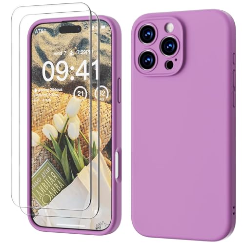 GOODVISH 3 in 1 für iPhone 16 Pro Max Hülle Liquid Silikon,mit 2X Schutzfolie [Upgraded Kameraschutz] Soft Mikrofaserfutter Handyhülle iPhone 16 Pro Max Kratzfest stoßfeste Schutz Case, Pink Lila von GOODVISH