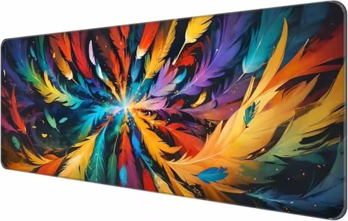 Farbige Federn XXL Mauspad,1500x800x2mm Mauspad Gaming Extra Groß Verbessert Präzision und Geschwindigkeit,Vernähte Kanten Mousepad,rutschfeste Schreibtischunterlage von GOOFEI