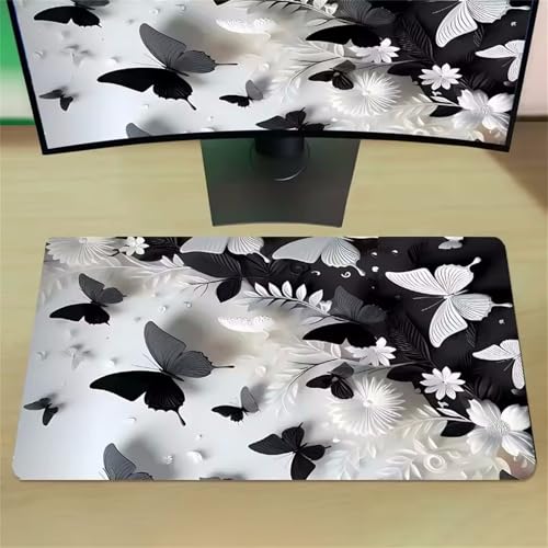 Schwarz-weißer Schmetterling XXL Mauspad,1500x800x2mm Mauspad Gaming Extra Groß Verbessert Präzision und Geschwindigkeit,Vernähte Kanten Mousepad,rutschfeste Schreibtischunterlage von GOOFEI