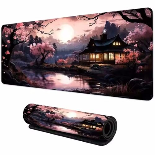 XXL Großes Gaming Mauspad 1500x800x3mm Holzhauslandschaft Erweitertes Genähte Kanten Mauspad,Verbessert Präzision und Geschwindigkeit,Mousepad für PC,Laptop von GOOFEI