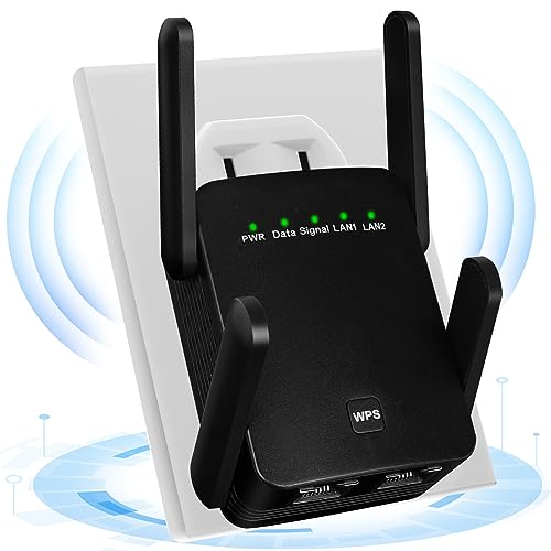 WLAN Verstärker 1200Mbit/s Dualband,WLAN Repeater 2.4GHz & 5.8GHz, WiFi Extender Booster mit WPS, WiFi Internet Verstärker mit externen 4 * 2dBi Dual-Band-Antennen bis zu 3000qm (Schwarz) von GOOPOOL