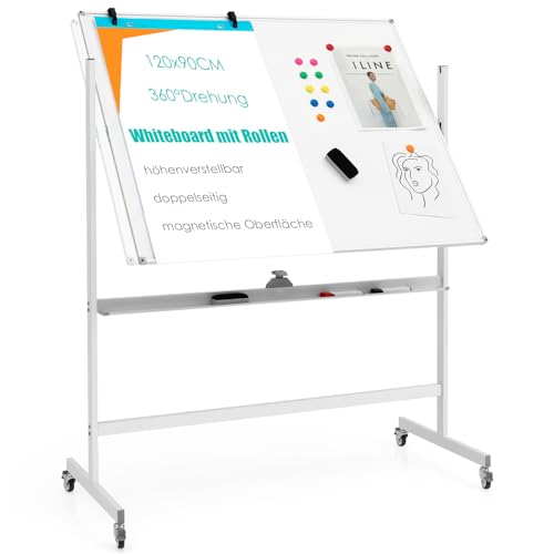 GOPLUS 120x90cm Mobiles Whiteboard mit Ständer & Flipchart, Höhenverstellbares doppelseitiges Whiteboard mit abschließbaren Rollen, um 360° drehbare magnetische Tafel mit Alurahmen & Zubehör(Weiß) von GOPLUS