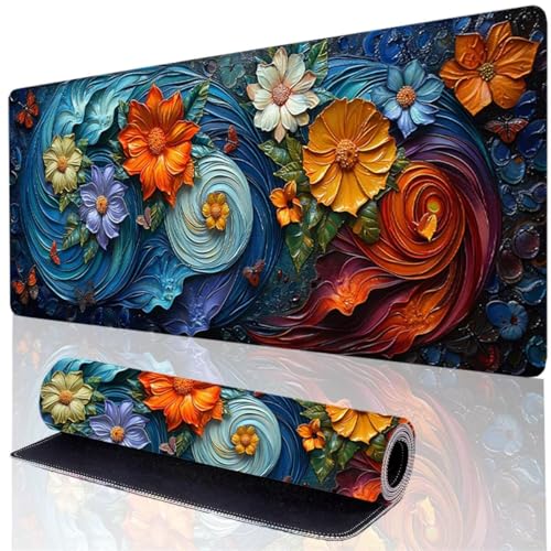 Blau Mousepad XXL 1000x400mm, Mauspad Blume Wasserdicht rutschfeste Gummibasis, Mauspad Groß Verbessert Präzision und Geschwindigkeit, Desk Mat mit Genähten Kanten für Gaming und Büro, Geschenke AW-Y von GOUFEENG