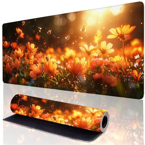 Gelb Mousepad XXL 1000x400mm, Mauspad Blume Wasserdicht rutschfeste Gummibasis, Mauspad Groß Verbessert Präzision und Geschwindigkeit, Desk Mat mit Genähten Kanten für Gaming und Büro, Geschenke TM-0 von GOUFEENG