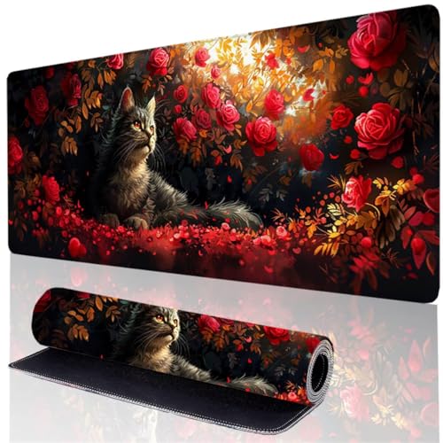 Mauspad Rosa Gaming Mousepad XXL 1000 x 500 mm, Wasserdicht Schreibtischunterlage Katze, Verbessert Präzision und Geschwindigkeit, Genähten Kanten Desk Mat für PC Zubehör Gaming Schreibtisch Deko M2-U von GOUFEENG