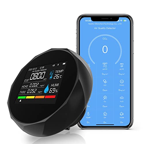 Mini CO2 Detector,Formaldehyde Detector,Portable 5-in-1 Indoor Air Quality Monitor with Temperature(℃/℉) Humidity HCHO TVOC with Bluetooth Connect with phone for Wine Cellars, Homes,Office, School von GOYERRNES