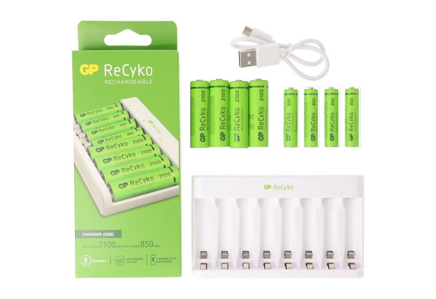 GP Batteries USB-Modell Ladegerät GP E811 4 x ReCyko AA 2100 mAh 4 x ReCyko AAA 85 Akku-Ladestation von GP Batteries