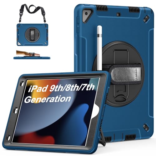 Gralifcare Hülle für iPad 9. Generation 2021:Heavy Duty Stoßfeste Schutzhülle mit Stifthalter - drehbarer Ständer - Handhaben - Schultergurt-für iPad 10.2 Zoll 2021… (Schwarz+Blau) von GRALIFCARE