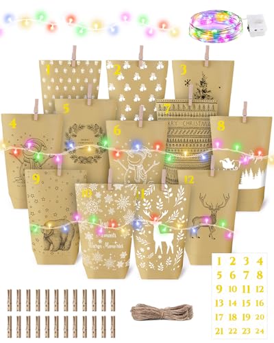 Papiertüten Adventskalender Tüten zum Selber Befüllen : +Lichterkette DIY Adventskalender zum Befüllen Kinder Machen Weihnachtskalender Adventstüten Weihnachtstüten Kalender, Adventskalender Basteln von GRANDFUN