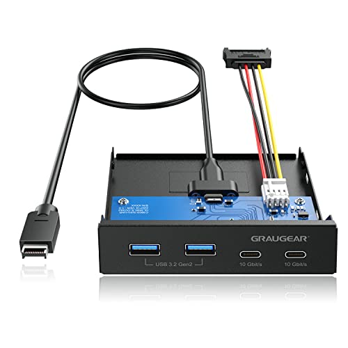 GRAUGEAR 4-Port [10Gbit/s] USB3.2 Gen2 Frontpanel, 2X USB-C & 2X USB-A, Metal-Frontblende für 3,5-Zoll Schacht, 60 cm Kabel, Kompatibel mit Desktop-PCs, Einfache Installation von GRAUGEAR