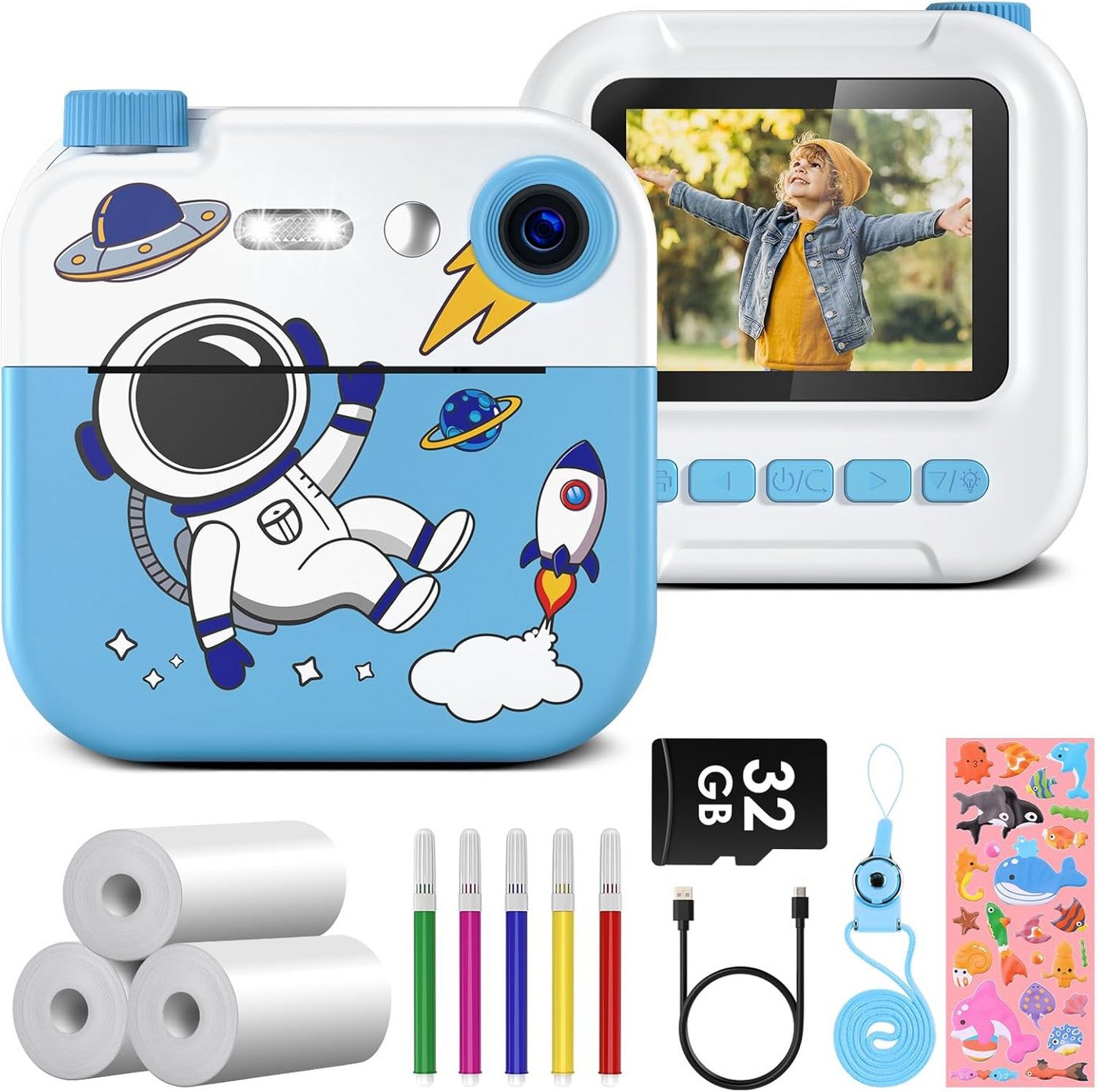 GREENKINDER Kreative Sofortbildkamera Kinderkamera (12 MP, 16x opt. Zoom, inkl. Verbessertes 16-faches Digitales Zoom: Klares Bild auch bei Nacht, Multifunktionale 2,4-Zoll-Bildschirm 1080P-HD 32G Karte & Druckpapier) von GREENKINDER