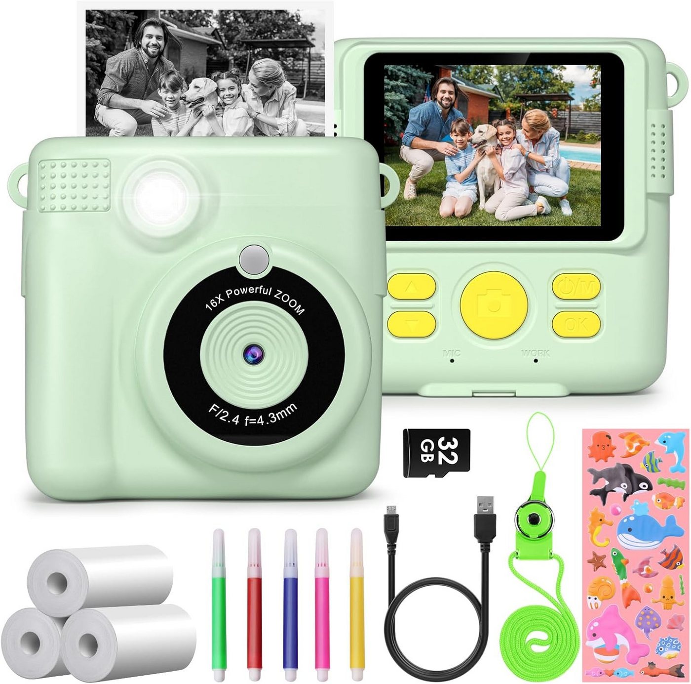 GREENKINDER mit Farbigen Stiften Geschenk für Kinder 3-12 Jahre Kinderkamera (12 MP, 16x opt. Zoom, mit Druckpapier & 32GB Karte, Digitalkamera) von GREENKINDER