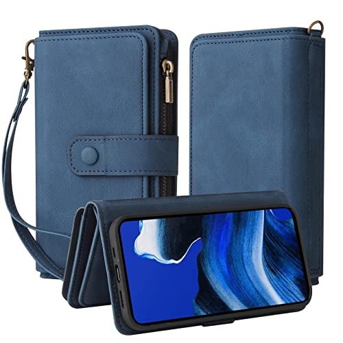 GRENJ Ooboom Reißverschluss Wallet Hülle für VIVO Y35/Y22/Y22S, Schnalle Flip PU Leder Schutzhülle Klapphülle Zipper Handy Tasche Case Cover mit Silikon TPU Kartenfächer Stand - Blau von GRENJ