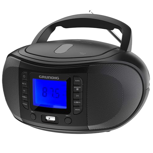 GRUNDIG GRB 3500 tragbare Radio Boombox mit Bluetooth, integrierter CD-Player, USB 2.0 Anschluss, 3,5 mm Kopfhöreranschluss, FM Empfangsteil mit PLL-Frequenz- Abstimmung, 30 Senderspeicher, Schwarz von GRUNDIG