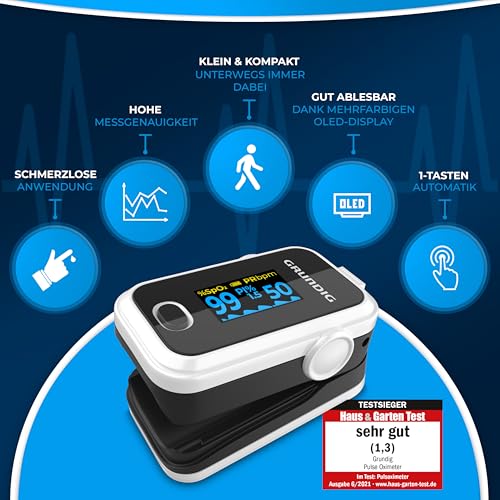 GRUNDIG Pulsoximeter Sauerstoffsättigung Oximeter - Hochpräzises Fingeroximeter Messgerät zur klinisch genauen Bestimmung der Sauerstoff Sättigung im Blut - Finger Messgerät mit Pulsmesser Test von GRUNDIG