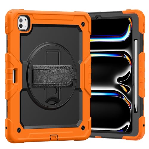 Kompatibel mit iPad Pro 13 Zoll Hülle M4 2024 7. Generation Hülle mit Displayschutzfolie, Kickstand [Schultergurt] Stoßfest Rugged 360° drehbare Handschlaufe, kompatibel mit zy (Orange) von GRXRITUK