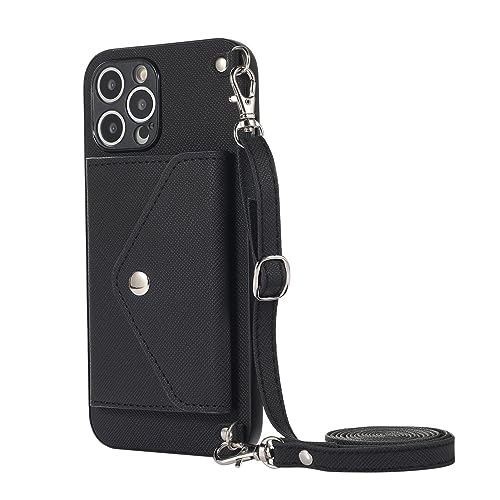 GSTINBLING Brieftaschen-Hülle for iPhone 14/14 Plus/14 Pro/14 Pro Max Verstellbares Umhängeband Aus PU-Leder Mit Halterung Stoßfeste Sturzsichere Rückseite (Schwarz,14 Pro 6.1") von GSTINBLING