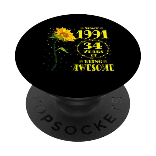 34. Geburtstag Fantastische 34-jährige Sonnenblumenliebhaber, geboren 1991 PopSockets Klebender PopGrip von GTee Vintage 34th Birthday Version 2025