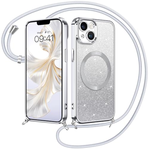 GUAGUA Handykette für iPhone 14 Hülle mit Band iPhone 14 Glitzer Handyhülle [Kompatibel mit MagSafe] Magnetische Schutzhülle Stoßfeste Weiche TPU Schutzschale, (6,1'') Silber von GUAGUA