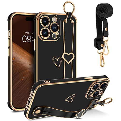 GUAGUA Handykette iPhone 14 Pro Hülle, Handyhülle mit Band Fingerhalter Ständer Strap Cute Herz Love Muster Schutzhülle Stoßfest Galvanisierte Weich TPU Dünn Schutzschale Case, Schwarz von GUAGUA