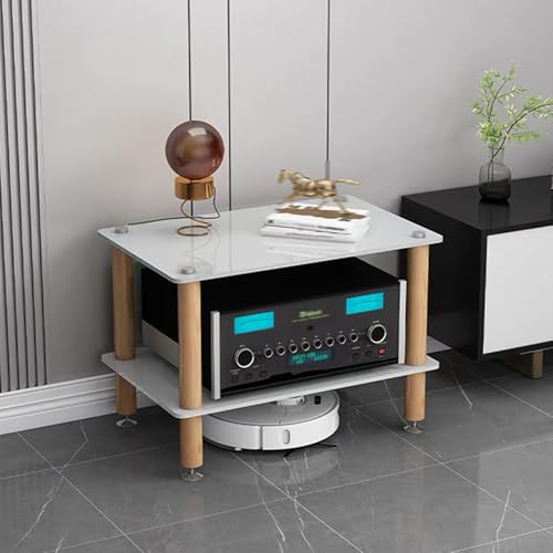 GUAWJRZDP Hi Fi Rack, Hi Fi Regal mit Gehärteter Glasplatte, Audio Rack Hi Fi Regal, Record Player Stand mit Stoßdämpfenden Füßen, Offener Phonoschrank, TV-Ständer mit Holzsäulen(White+Wood,2-Tier) von GUAWJRZDP