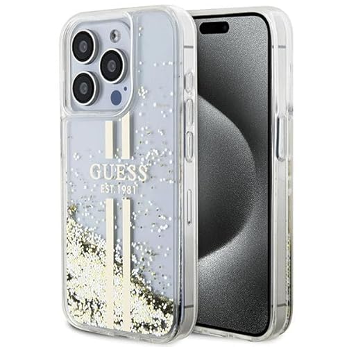 Guess GUHCP15LLFCSEGT Hülle für iPhone 15 Pro 6.1" transparent hardcase Liquid Glitter Gold Stripes von GUESS