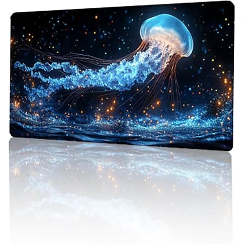 Blau Mauspad, Qualle Gaming Mauspad XXL 700x300x3mm Mousepad, rutschfeste Gummibasis Schreibtischunterlage, Vernähte Kanten Mauspad Groß, Wasserdicht Mauspad für PC Home Office Deko Geschenk T-99 von GUKUGEKO