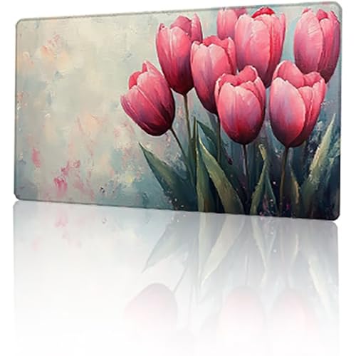 Gaming Mauspad Rosa Mousepad XXL 90 x 40 cm, Tulpe Mausepad Groß mit Rutschfeste Gummibasis, Vernähte Kanten Desk Mat für PC Home Office Tastatur, Verbessert Präzision und Geschwindigkeit T-7149 von GUKUGEKO