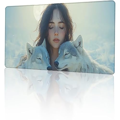 Grau Mauspad, Wolf Gaming Mauspad XXL 120 x 60 cm Mousepad, rutschfeste Gummibasis Schreibtischunterlage, Vernähte Kanten Mauspad Groß, Wasserdicht Mauspad für PC Home Office Deko Geschenk T-4871 von GUKUGEKO