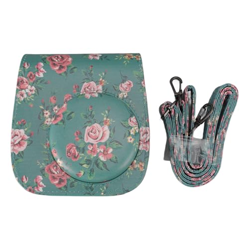 GULEEK Polaroi d Aufbewahrungs- und Schutztasche für Fujifilm Polaroi d Insta X MIN I 12 PU-Kamera-Umhängetasche im Grün-Rosen-Stil von GULEEK