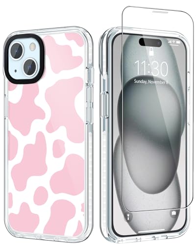 GULTMEE Transparente Schutzhülle für iPhone 15, 15,5 cm (6,1 Zoll), mit Displayschutzfolie, niedliches rosafarbenes Kuhmuster, schlankes Design, mit stoßfestem Polycarbonat-Stoßfänger, Schutzhülle für von GULTMEE