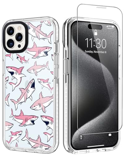 GULTMEE Transparente Schutzhülle für iPhone 15 Pro Max 17 cm (6,7 Zoll), mit Displayschutzfolie, niedlicher rosa Hai-Druck, schlankes Design, mit stoßfestem Polycarbonat-Stoßdämpfer, Schutzhülle, von GULTMEE