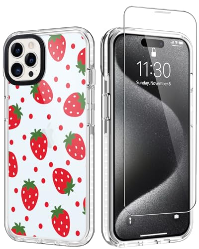 GULTMEE Transparente Schutzhülle für iPhone 15 Pro Max 17 cm (6,7 Zoll), mit Displayschutzfolie, niedlicher roter Erdbeerdruck, schlankes Design mit stoßfestem Polycarbonat, Schutzhülle für Damen, von GULTMEE