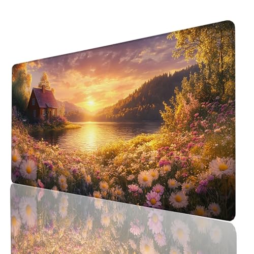 Mauspad Blume, Gaming Mauspad XXL 100x40x0.3cm, Großes Schreibtischunterlage See, Mousepad Rutschfeste Wasserdichte Verbessert Geschwindigkeit und Präzision, für Familie Büro Gaming Tisch Deko GYL1767 von GUUOYUAL