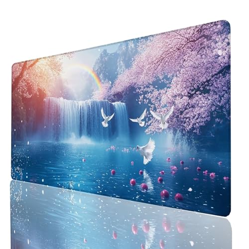 Schreibtischunterlage, Stürze Mauspad XXL 1400x600x3mm, Erweitertes Gaming Mauspad mit Genähten Kanten, Rutschfeste Wasserdichte Gummiunterseite Mousepad Kirschblüten,Gaming Zubehör Tisch Deko GYL1900 von GUUOYUAL