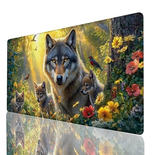 Schreibtischunterlage, Wolf Mauspad XXL 1000 x 500 x 3mm, Erweitertes Gaming Mauspad mit Genähten Kanten, Rutschfeste Wasserdichte Gummiunterseite Mousepad Blume, für Gaming Zubehör Tisch Deko GYL1968 von GUUOYUAL