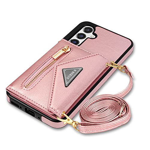 GUVAGI Handyhülle für Samsung Galaxy A55 5G Hülle mit Band Klappbar, Leder Klapphülle Reißverschluss Stoßfest Schutzhülle Magnet Aesthetic Mädchen Handy Hülle mit Kette Umhängen (Rosa) von GUVAGI