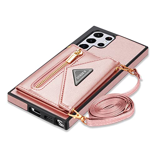 GUVAGI Handyhülle für Samsung Galaxy S24 Ultra 5G Hülle mit Band Case Cover, Klappbar Klapphülle Reißverschluss Schutzhülle Magnet Aesthetic Handy Hülle mit Kette Umhängen (Rosa) von GUVAGI