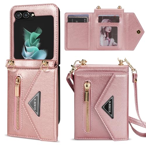 GUVAGI Hülle für Samsung Galaxy Z Flip 6 mit Band Handyhülle, Leder Klappbar Klapphülle Flip Case Reißverschluss Stoßfest Schutzhülle Aesthetic Mädchen Handy Hülle mit Kette (Rosa) von GUVAGI