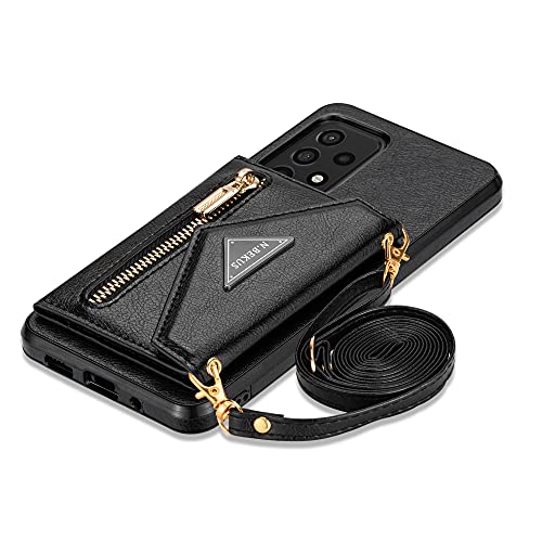 GUVAGI Handyhülle für Samsung Galaxy a51 Hülle Klappbar mit Band, Leder Klapphülle Flip Reißverschluss Stoßfest Schutzhülle Magnet Aesthetic Mädchen Handy Hülle mit Kette Umhängen (Schwarz) von GUVAGI